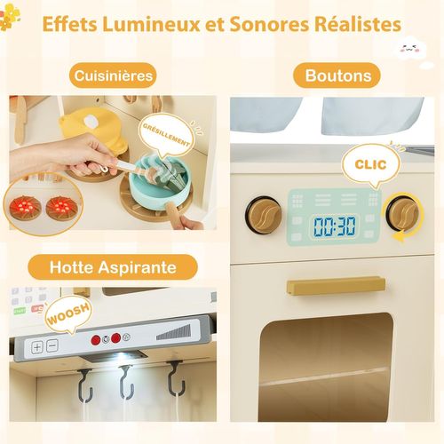 Cuisine d'Angle avec Lumières & Sons Cuisine de Jeu en Bois avec Réfrigérateur à Double Porte Machine à Glaçons pour 3+ Ans Rose
