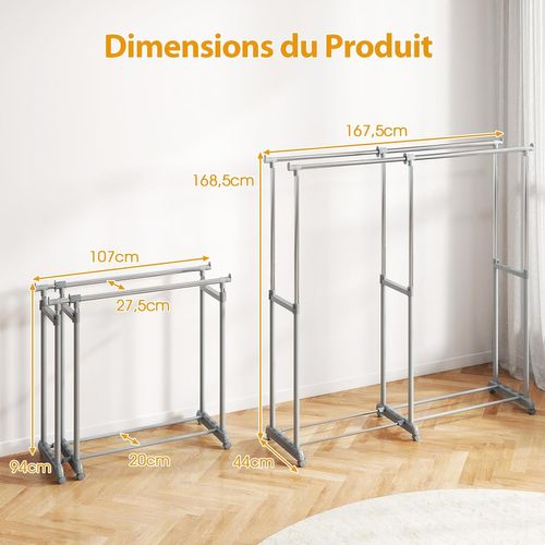 Portant à Vêtements Double Sur Roulettes, Hauteur 94-169cm Réglable, Métal, Argent