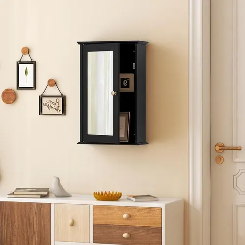 Armoire Murale Salle De Bain 15x34x53cm, Porte-miroir, 2 Niveaux, Étagère Réglable ,noir