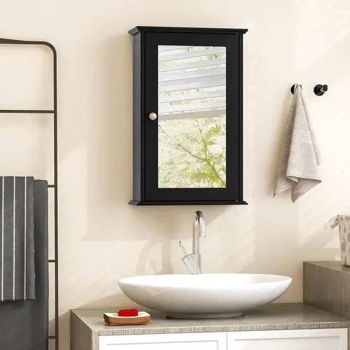Armoire Murale Salle De Bain 15x34x53cm, Porte-miroir, 2 Niveaux, Étagère Réglable ,noir