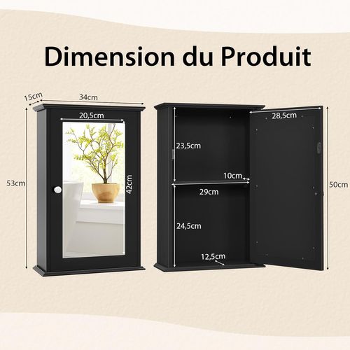 Armoire Murale Salle De Bain 15x34x53cm, Porte-miroir, 2 Niveaux, Étagère Réglable ,noir