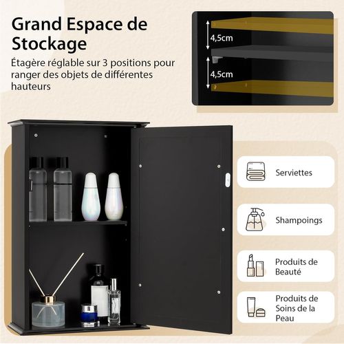 Armoire Murale Salle De Bain 15x34x53cm, Porte-miroir, 2 Niveaux, Étagère Réglable ,noir