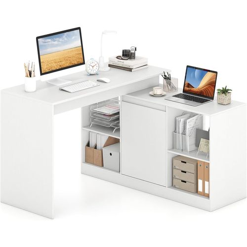 Bureau D'ordinateur En Forme De L,bureau D'angle Réversible Avec Armoire à 4 Compartiments,blanc