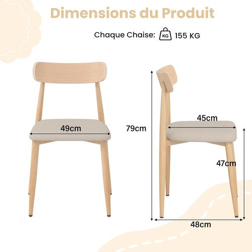 Lot De 2 Chaise Cuisine Bois, Chaises De Salle à Manger En Tissu Lin, Pieds En Métal