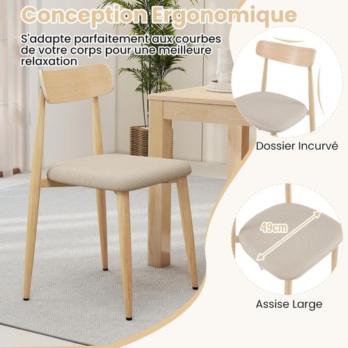 Lot De 2 Chaise Cuisine Bois, Chaises De Salle à Manger En Tissu Lin, Pieds En Métal