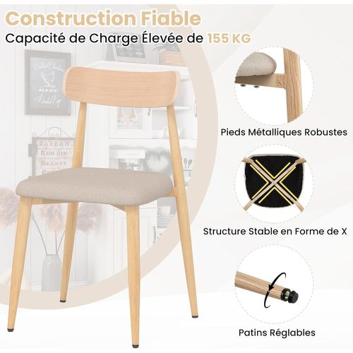Lot De 2 Chaise Cuisine Bois, Chaises De Salle à Manger En Tissu Lin, Pieds En Métal