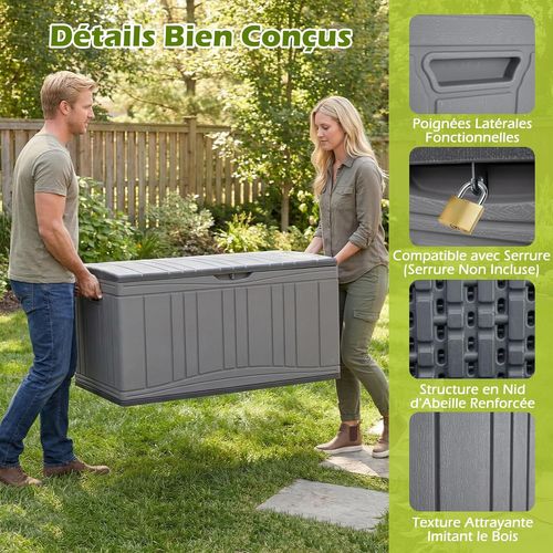 Coffre De Rangement 300 L,grand Conteneur En Hdpe Avec Vérins à Gaz Et Couvercle Verrouillable,gris