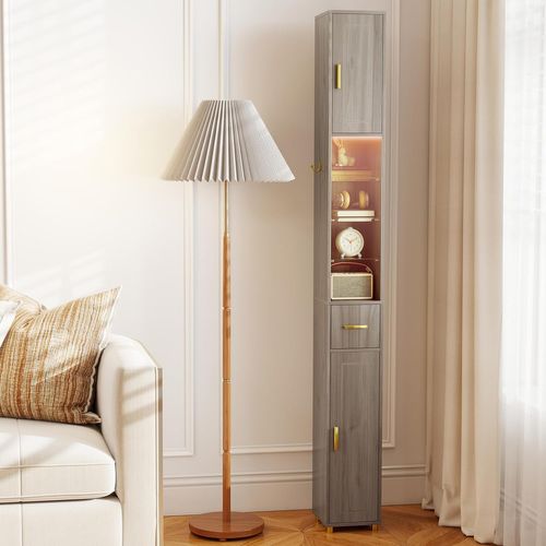 Meuble Colonne Salle De Bain Avec LED, Meuble De Rangement Haut Avec 3 Étagères (gris)