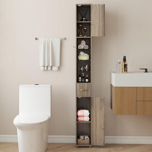 Meuble Colonne Salle De Bain Avec LED, Meuble De Rangement Haut Avec 3 Étagères (gris)