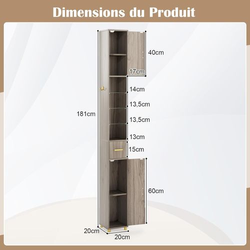 Meuble Colonne Salle De Bain Avec LED, Meuble De Rangement Haut Avec 3 Étagères (gris)
