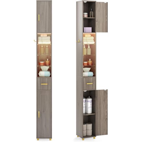 Meuble Colonne Salle De Bain Avec LED, Meuble De Rangement Haut Avec 3 Étagères (gris)
