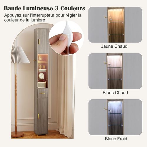 Meuble Colonne Salle De Bain Avec LED, Meuble De Rangement Haut Avec 3 Étagères (gris)