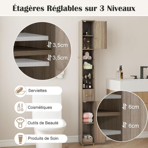 Meuble Colonne Salle De Bain Avec LED, Meuble De Rangement Haut Avec 3 Étagères (gris)