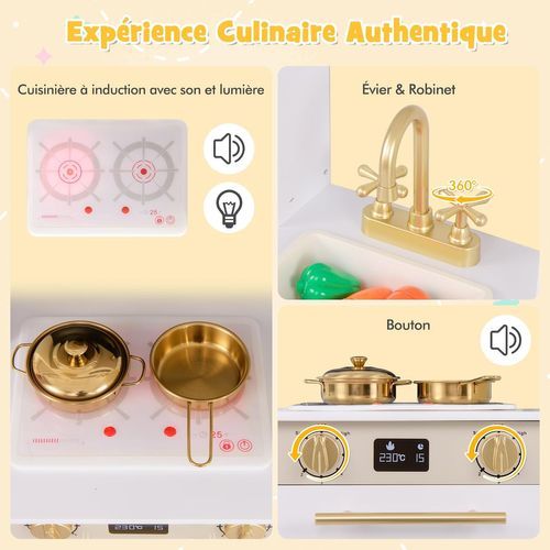 COSTWAY Cuisine Enfant en Bois avec Micro-Ondes & Cafetière, Jeu de Cuisine avec Horloges & Tableau Météo, Évier, Machine à Glaçons, Cuisinière, Jeu d'Imitation pour Garçon Fille de 3 Ans+ (Blanc