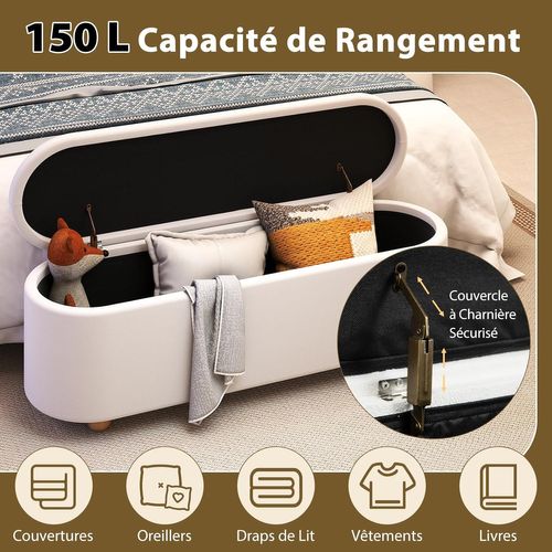 Banc De Rangement 150 L, Pieds En Bois D'hévéa, Banc Bout De Lit, 139 X 40,5 X 48,5 Cm, Blanc