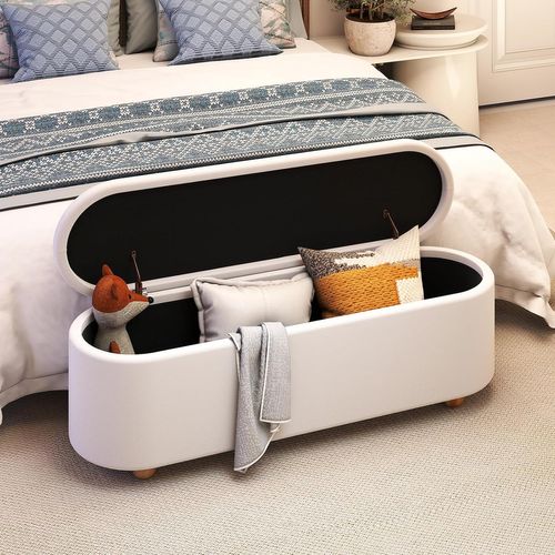 Banc De Rangement 150 L, Pieds En Bois D'hévéa, Banc Bout De Lit, 139 X 40,5 X 48,5 Cm, Blanc