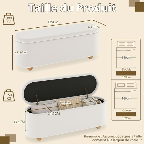 Banc De Rangement 150 L, Pieds En Bois D'hévéa, Banc Bout De Lit, 139 X 40,5 X 48,5 Cm, Blanc
