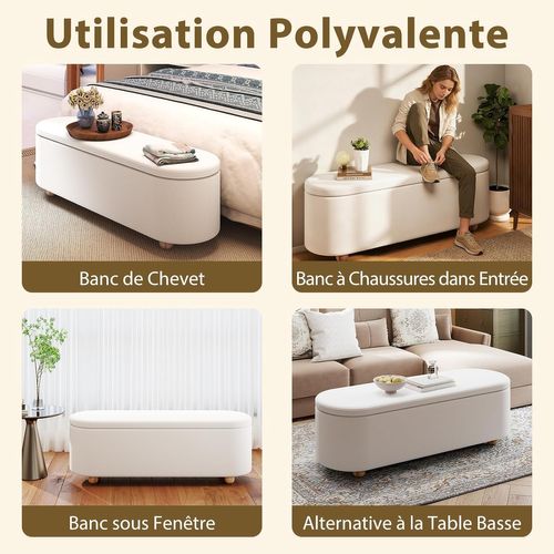 Banc De Rangement 150 L, Pieds En Bois D'hévéa, Banc Bout De Lit, 139 X 40,5 X 48,5 Cm, Blanc