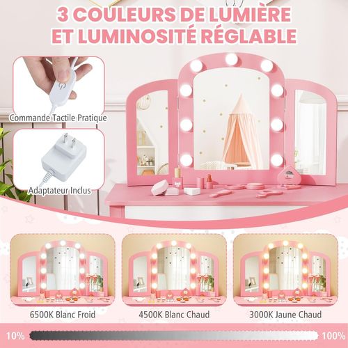 Coiffeuse Enfant Avec Chaise Et Miroir Lumineux, Bureau Enfant Avec Tiroir (rose)