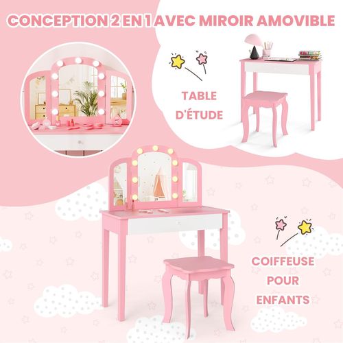Coiffeuse Enfant Avec Chaise Et Miroir Lumineux, Bureau Enfant Avec Tiroir (rose)