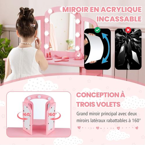 Coiffeuse Enfant Avec Chaise Et Miroir Lumineux, Bureau Enfant Avec Tiroir (rose)