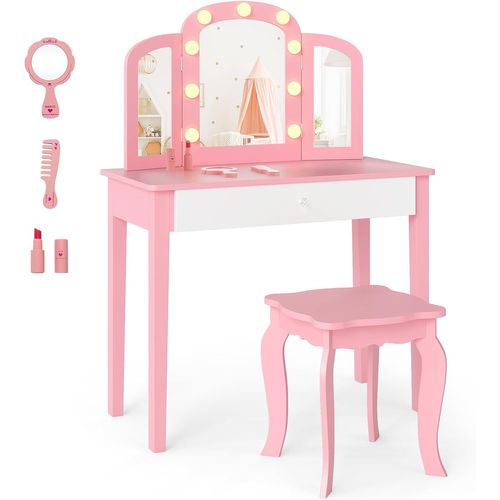Coiffeuse Enfant Avec Chaise Et Miroir Lumineux, Bureau Enfant Avec Tiroir (rose)
