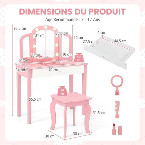Coiffeuse Enfant Avec Chaise Et Miroir Lumineux, Bureau Enfant Avec Tiroir (rose)