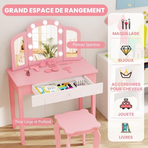 Coiffeuse Enfant Avec Chaise Et Miroir Lumineux, Bureau Enfant Avec Tiroir (rose)