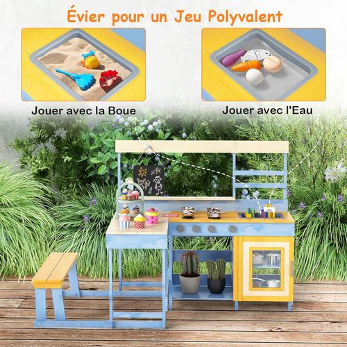 2 En 1 Cuisine Extérieure Enfant Avec Tableau Noir Et Table De Pique-nique (bleu)
