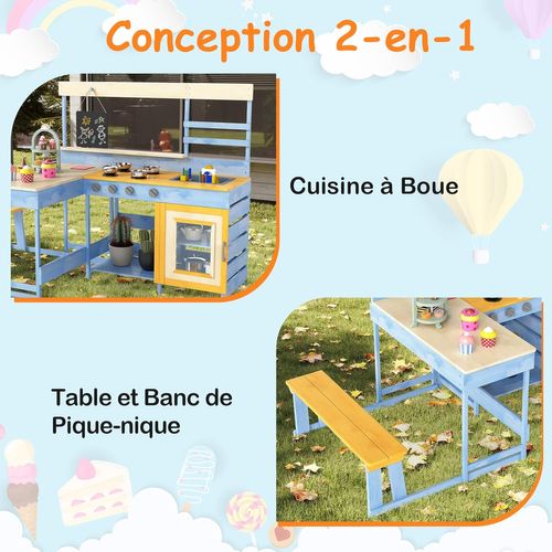 2 En 1 Cuisine Extérieure Enfant Avec Tableau Noir Et Table De Pique-nique (bleu)