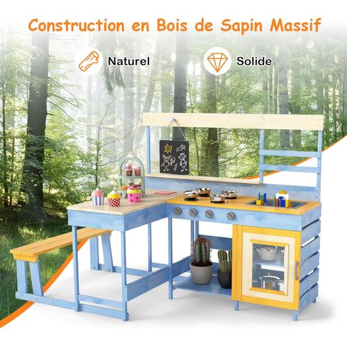 2 En 1 Cuisine Extérieure Enfant Avec Tableau Noir Et Table De Pique-nique (bleu)