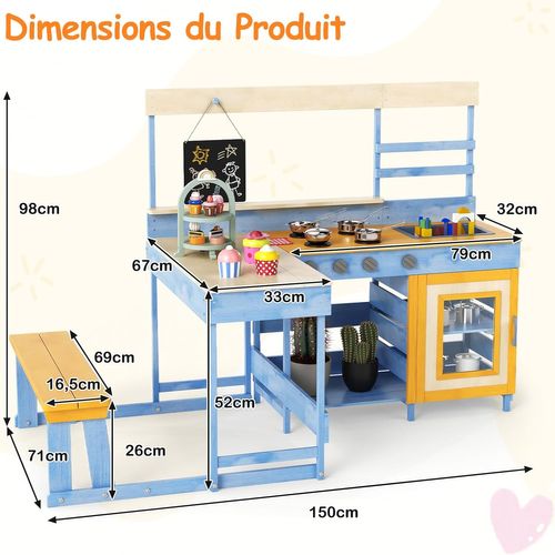 2 En 1 Cuisine Extérieure Enfant Avec Tableau Noir Et Table De Pique-nique (bleu)