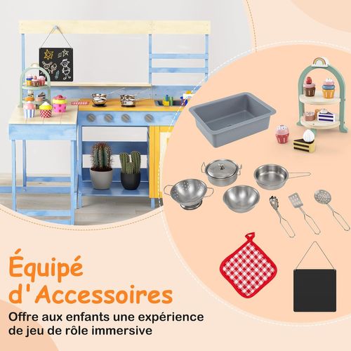2 En 1 Cuisine Extérieure Enfant Avec Tableau Noir Et Table De Pique-nique (bleu)