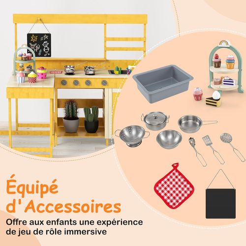 Cuisine Enfant Double Face Avec Tableau Noir Et 12 Accessoires, Jeu De Cuisine Exterieure Enfant