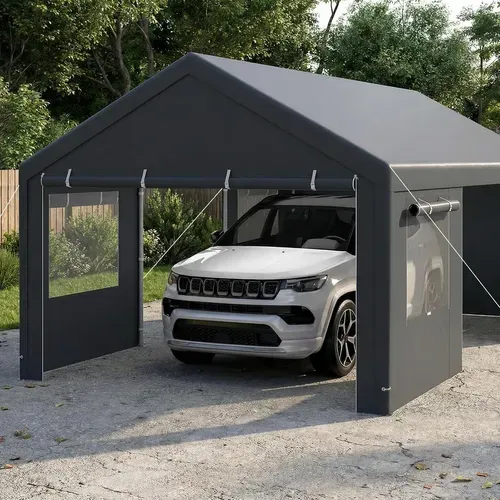 Abri De Voiture 363 X 600 Cm Structure Métallique Bâche Pe, Tente De Garage Avec Fenêtres (gris)