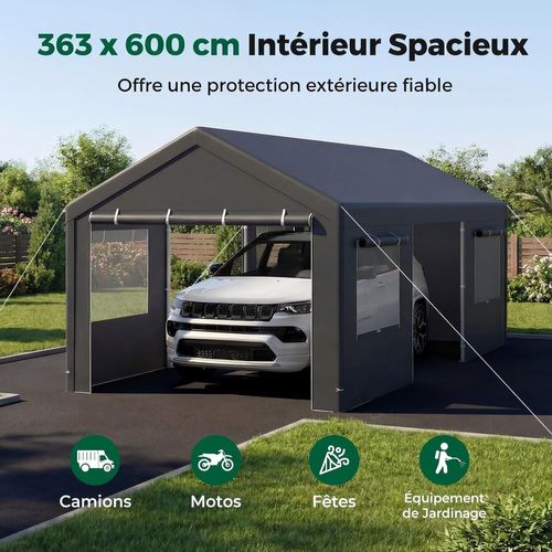Abri De Voiture 363 X 600 Cm Structure Métallique Bâche Pe, Tente De Garage Avec Fenêtres (gris)