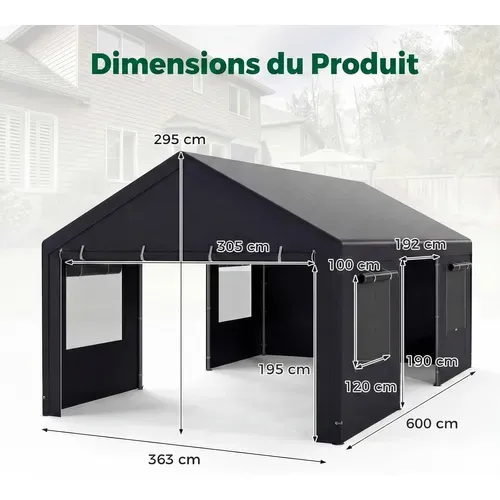 Abri De Voiture 363 X 600 Cm Structure Métallique Bâche Pe, Tente De Garage Avec Fenêtres (gris)