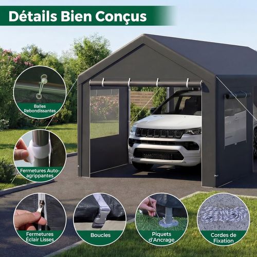 Abri De Voiture 305 X 586 Cm Structure Métallique Bâche Pe, Tente De Garage Avec Fenêtres (gris)