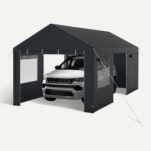 Abri De Voiture 305 X 586 Cm Structure Métallique Bâche Pe, Tente De Garage Avec Fenêtres (gris)