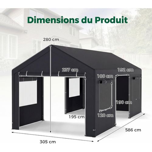 Abri De Voiture 305 X 586 Cm Structure Métallique Bâche Pe, Tente De Garage Avec Fenêtres (gris)