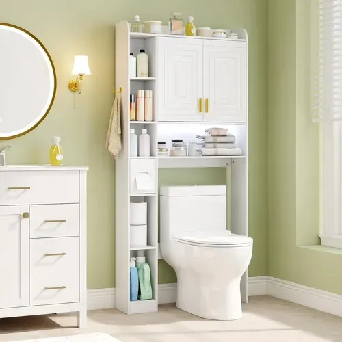 Meuble Wc, étagère De Toilettes Avec éclairage LED, Placard à 2 Portes (blanc)