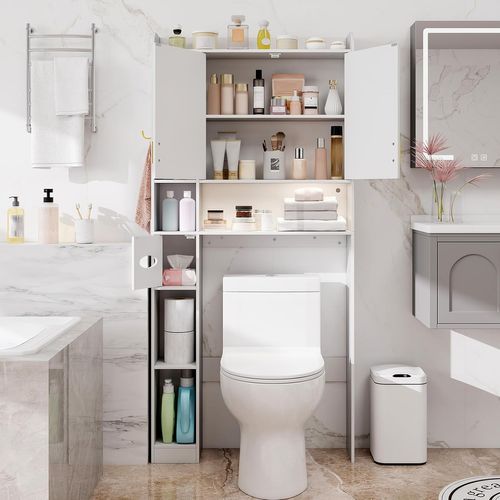 Meuble Wc, étagère De Toilettes Avec éclairage LED, Placard à 2 Portes (blanc)