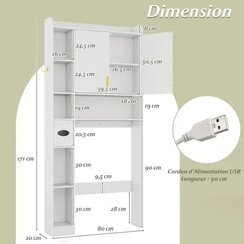 Meuble Wc, étagère De Toilettes Avec éclairage LED, Placard à 2 Portes (blanc)