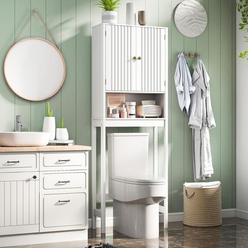 Meuble Toilette, étagère Wc, Portes Cannelées, Compartiments Ouverts, 23 X 60 X 168 Cm (blanc)