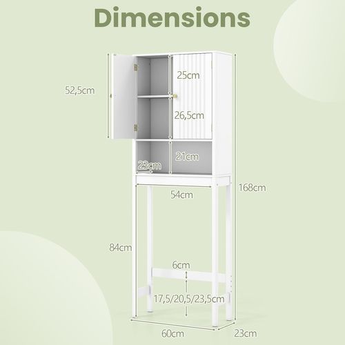 Meuble Toilette, étagère Wc, Portes Cannelées, Compartiments Ouverts, 23 X 60 X 168 Cm (blanc)