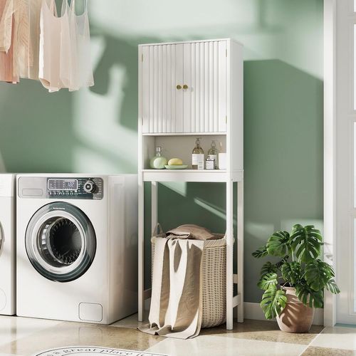 Meuble Toilette, étagère Wc, Portes Cannelées, Compartiments Ouverts, 23 X 60 X 168 Cm (blanc)