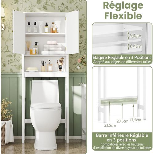 Meuble Toilette, étagère Wc, Portes Cannelées, Compartiments Ouverts, 23 X 60 X 168 Cm (blanc)