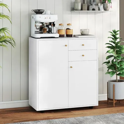Petit Buffet Cuisine Rangement,meuble De Rangement 2 Placards,2 Tiroirs,3 Étagères Réglables,blanc