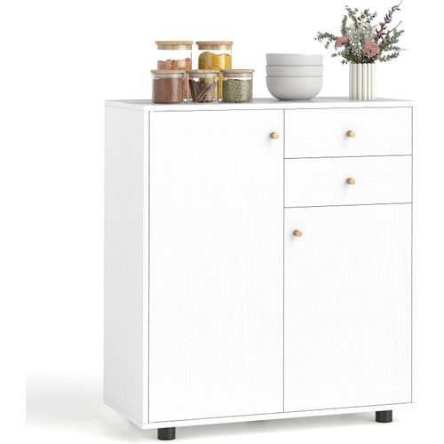 Petit Buffet Cuisine Rangement,meuble De Rangement 2 Placards,2 Tiroirs,3 Étagères Réglables,blanc