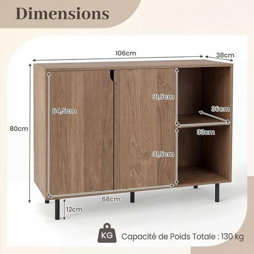 Buffet Cuisine, Armoire Cuisine Bois 2 Portes, Commode Blanc 2 Compartiments (naturel)